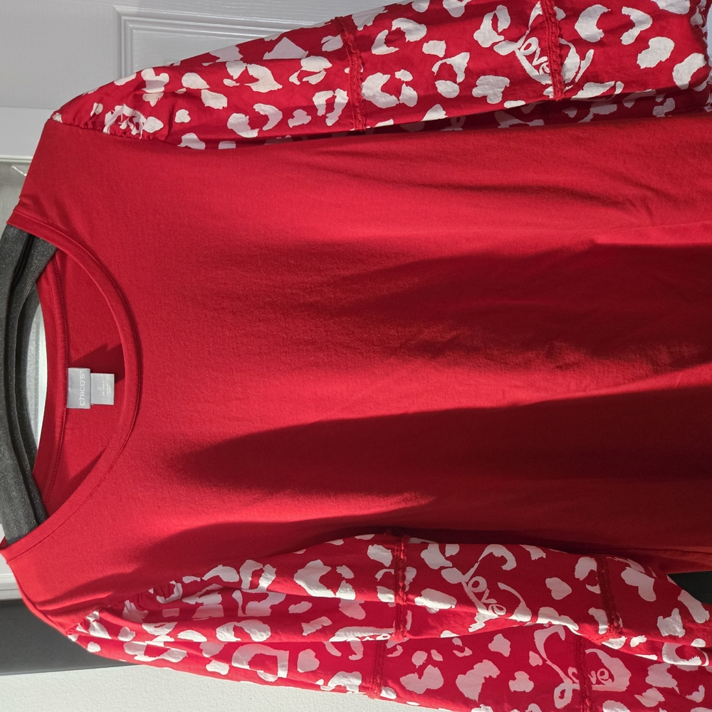 Chico's Bright Red Long Sleeve Tee with White Heart-Print Sleeves
